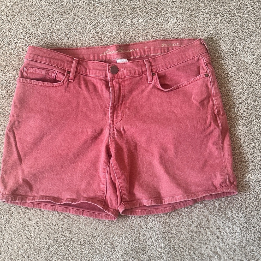 Eddie Bauer Boyfriend Fit Denim Shorts Womens 10 Red Coral 5" Length